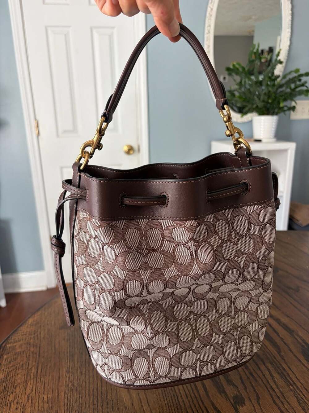 Coach Signature Jacquard Field Bucket Bag Brown Canvas Leather